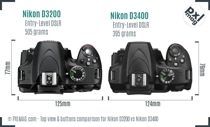 Nikon D3200 vs Nikon D3400 top view buttons comparison