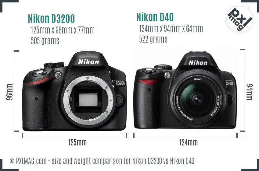 Nikon D3200 vs Nikon D40 size comparison