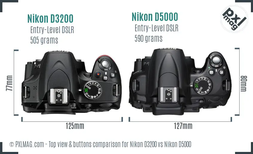 Nikon D3200 vs Nikon D5000 top view buttons comparison