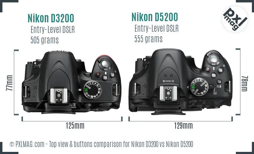Nikon D3200 vs Nikon D5200 top view buttons comparison