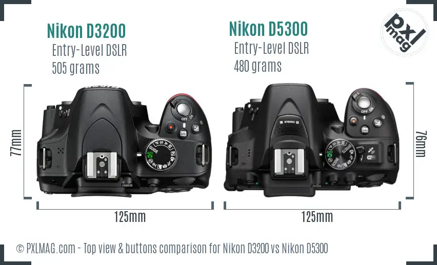Nikon D3200 vs Nikon D5300 top view buttons comparison