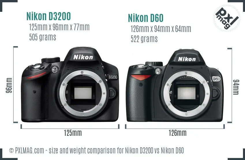 Nikon D3200 vs Nikon D60 size comparison