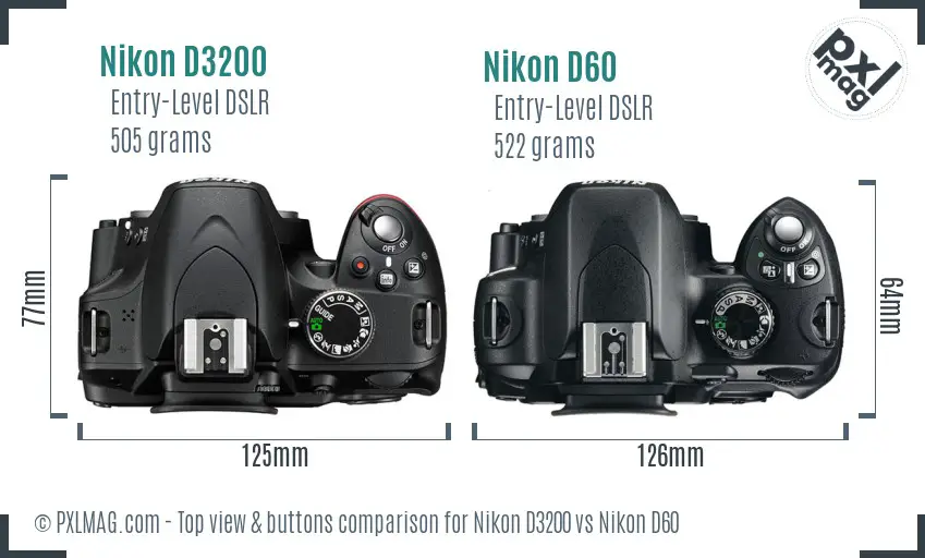 Nikon D3200 vs Nikon D60 top view buttons comparison