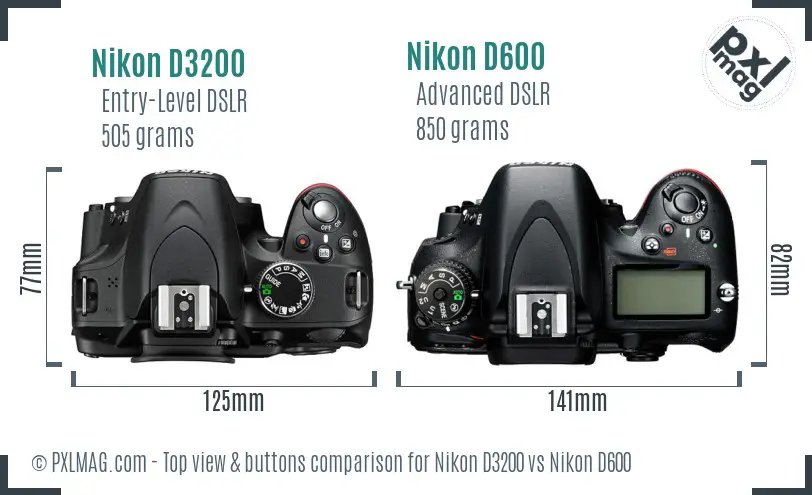 Nikon D3200 vs Nikon D600 top view buttons comparison Nikon D3200 vs Nikon D600 top view buttons comparison