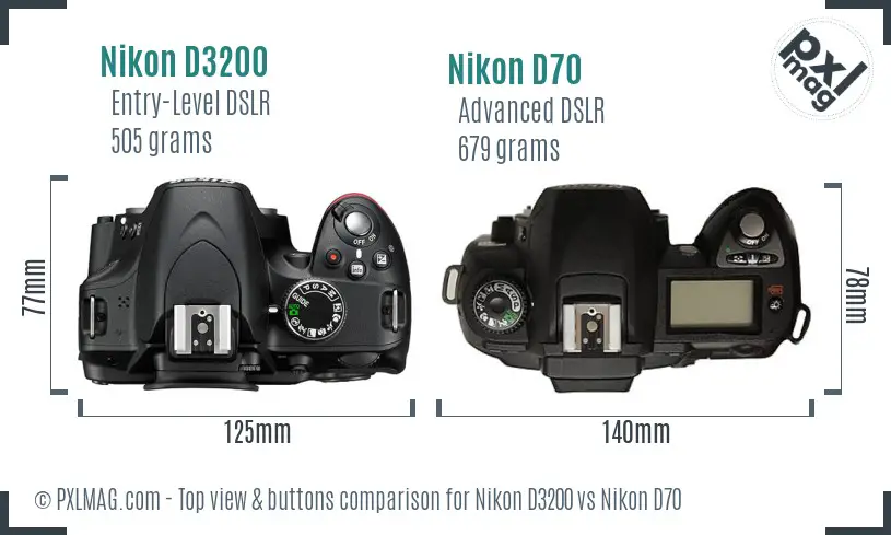 Nikon D3200 vs Nikon D70 top view buttons comparison Nikon D3200 vs Nikon D70 top view buttons comparison