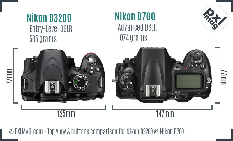 Nikon D3200 vs Nikon D700 top view buttons comparison Nikon D3200 vs Nikon D700 top view buttons comparison