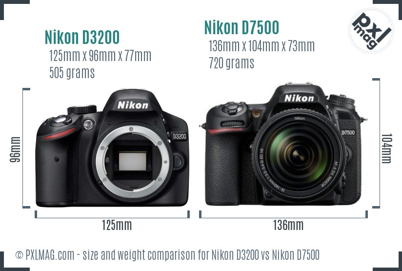 Nikon D3200 vs Nikon D7500 size comparison
