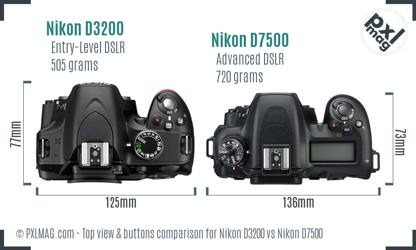 Nikon D3200 vs Nikon D7500 top view buttons comparison