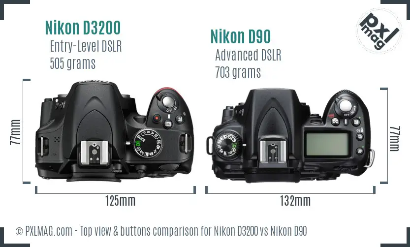 Nikon D3200 vs Nikon D90 top view buttons comparison