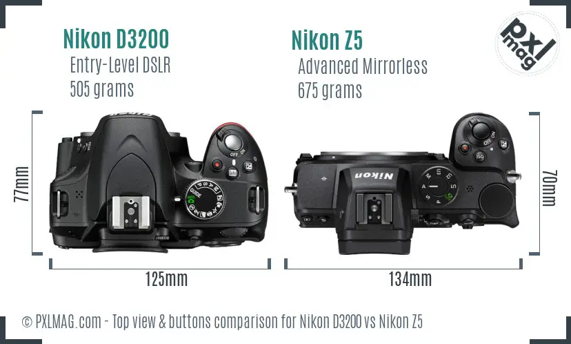 Top view comparing Nikon D3200 and Nikon Z5 control layouts