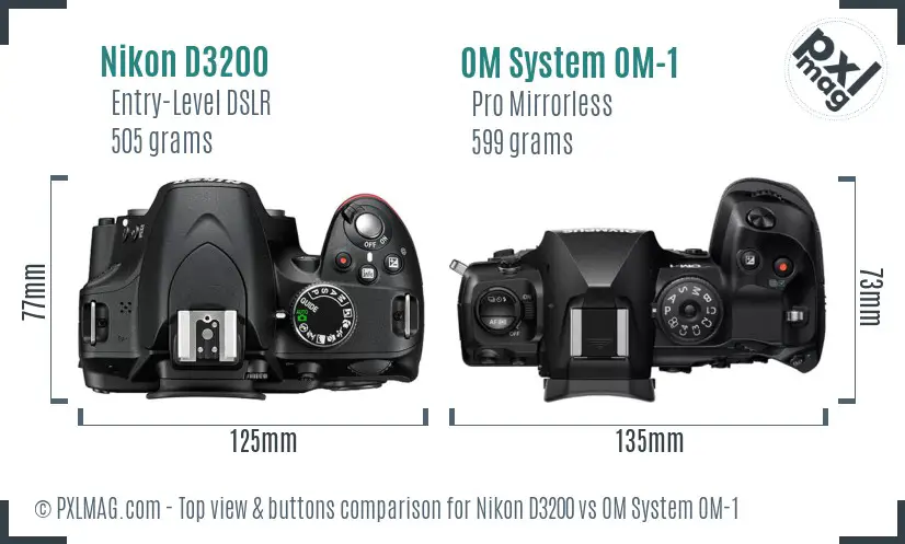 Nikon D3200 vs OM System OM-1 top view buttons comparison Nikon D3200 vs OM System OM-1 top view buttons comparison