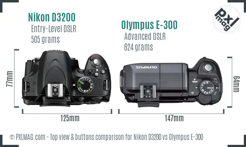 Nikon D3200 vs Olympus E-300 top view buttons comparison