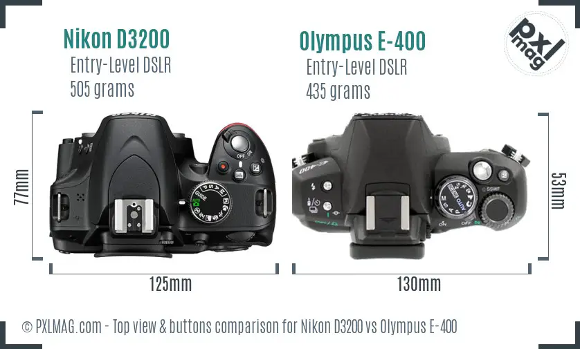 Nikon D3200 vs Olympus E-400 top view buttons comparison