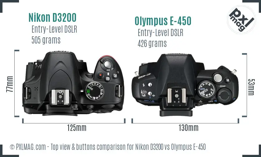 Nikon D3200 vs Olympus E-450 top view buttons comparison