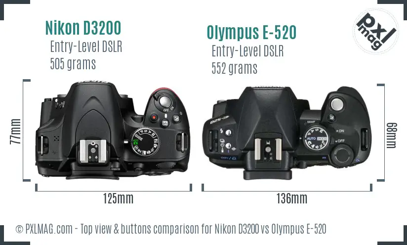Nikon D3200 vs Olympus E-520 top view buttons comparison