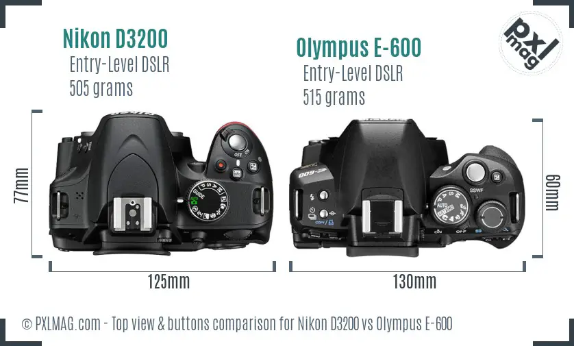Nikon D3200 vs Olympus E-600 top view buttons comparison