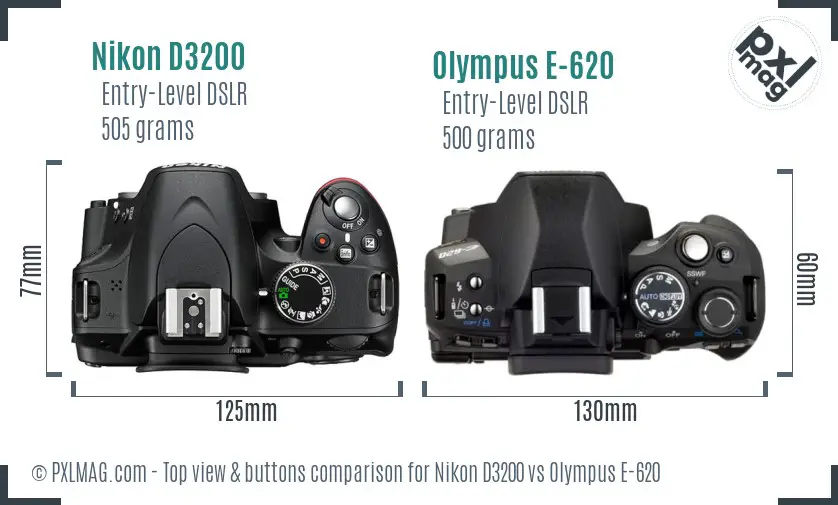 Nikon D3200 vs Olympus E-620 top view buttons comparison