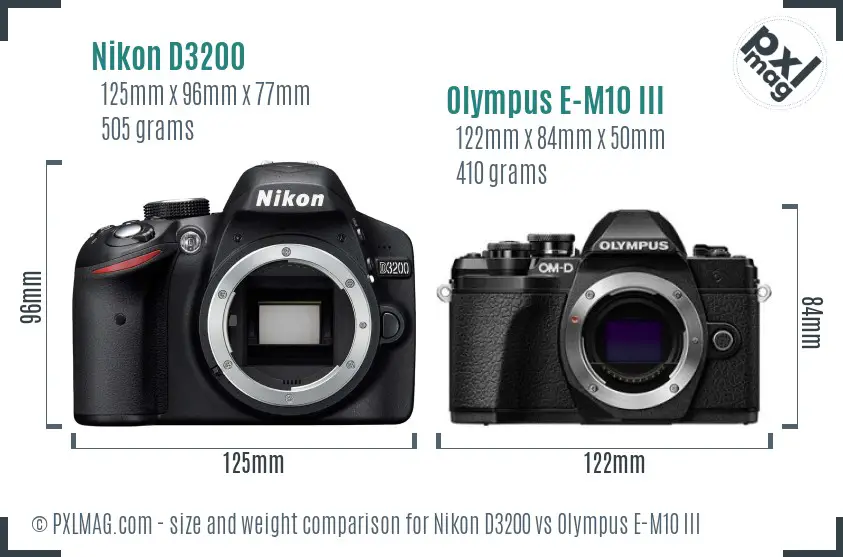 Nikon D3200 vs Olympus E-M10 III size comparison