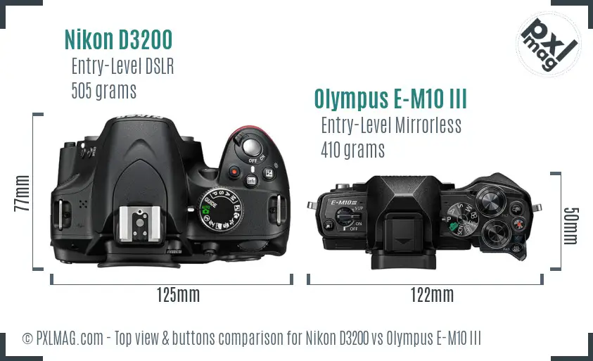 Nikon D3200 vs Olympus E-M10 III top view buttons comparison