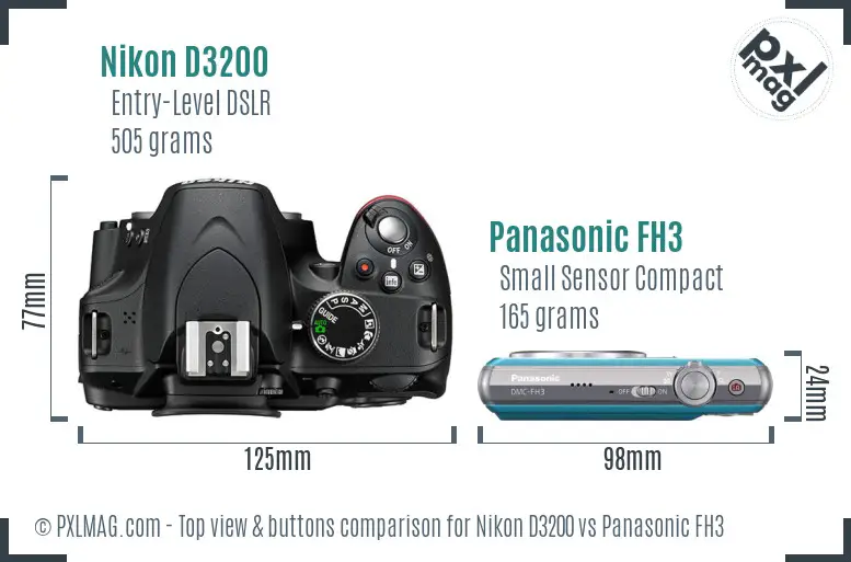 Nikon D3200 vs Panasonic FH3 top view buttons comparison