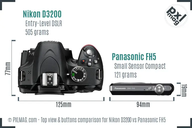 Nikon D3200 vs Panasonic FH5 top view buttons comparison