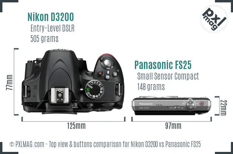Nikon D3200 vs Panasonic FS25 top view buttons comparison