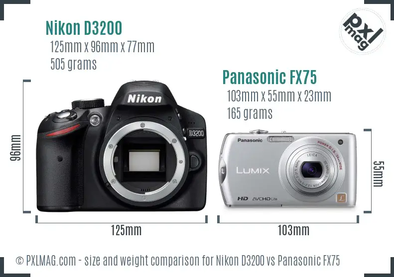 Nikon D3200 vs Panasonic FX75 size comparison