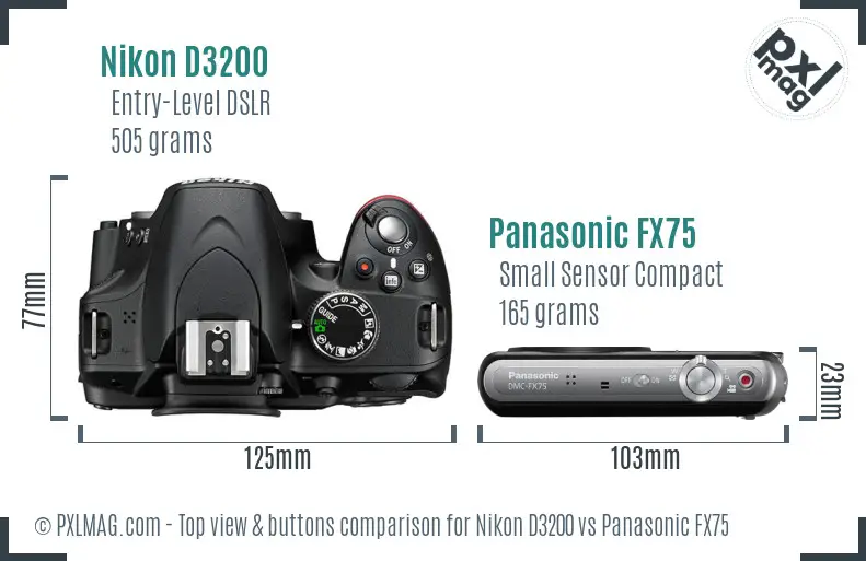 Nikon D3200 vs Panasonic FX75 top view buttons comparison