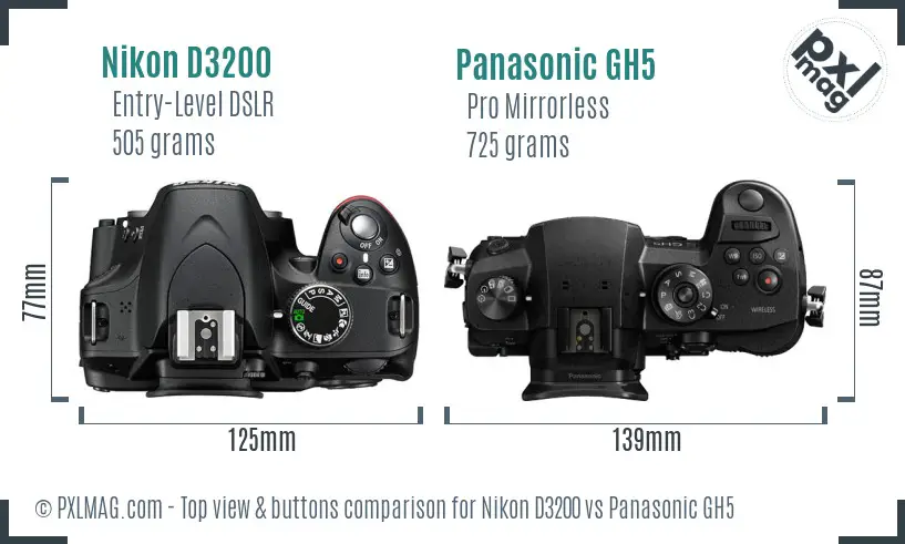 Nikon D3200 vs Panasonic GH5 top view buttons comparison Nikon D3200 vs Panasonic GH5 top view buttons comparison