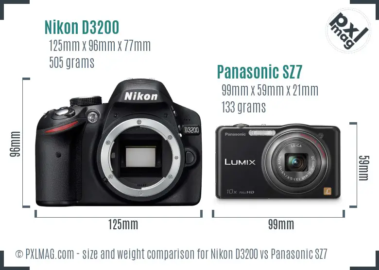 Nikon D3200 vs Panasonic SZ7 size comparison