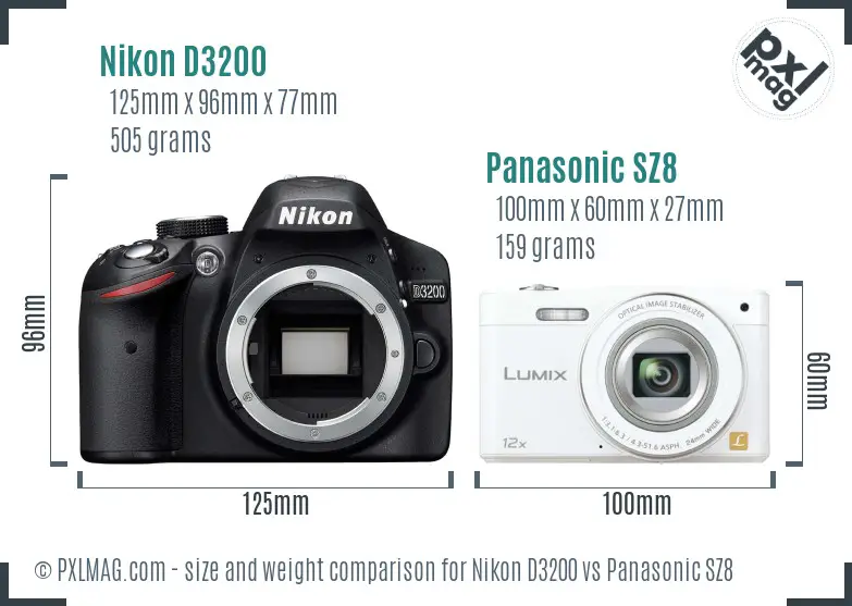 Nikon D3200 vs Panasonic SZ8 size comparison