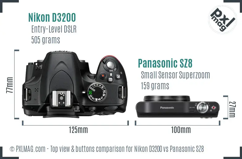 Nikon D3200 vs Panasonic SZ8 top view buttons comparison