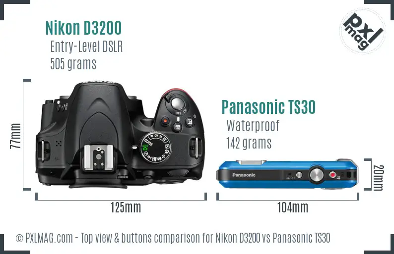Nikon D3200 vs Panasonic TS30 top view buttons comparison