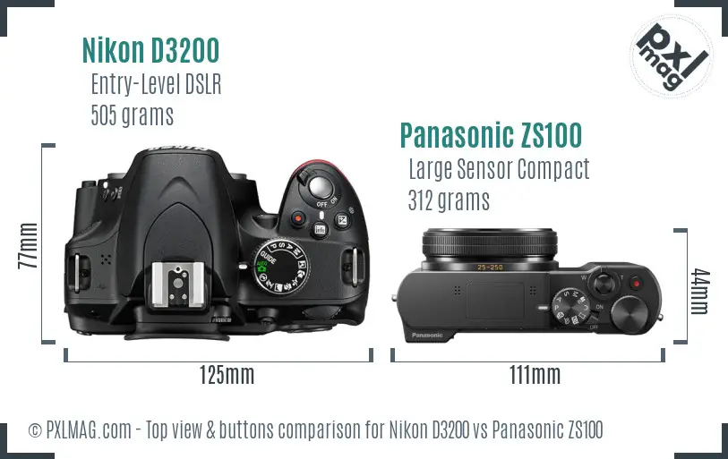 Nikon D3200 vs Panasonic ZS100 top view buttons comparison