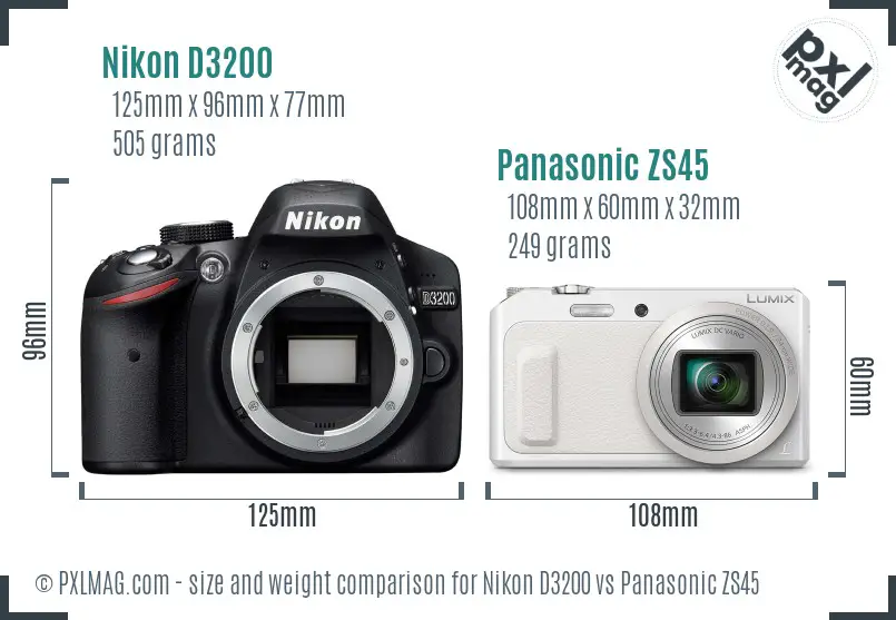 Nikon D3200 vs Panasonic ZS45 size comparison