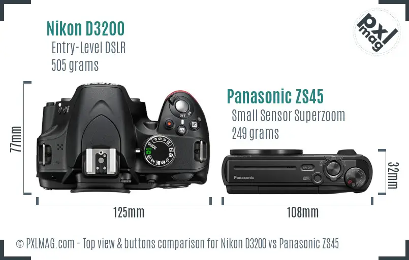 Nikon D3200 vs Panasonic ZS45 top view buttons comparison