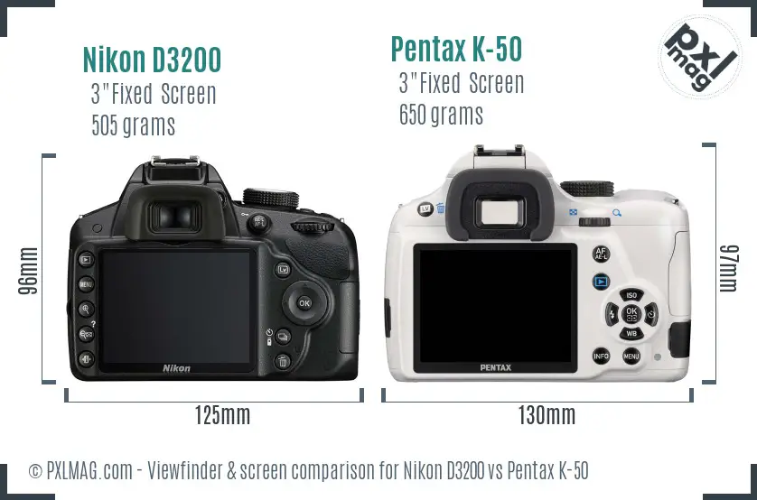Nikon D3200 vs Pentax K-50 Screen and Viewfinder comparison