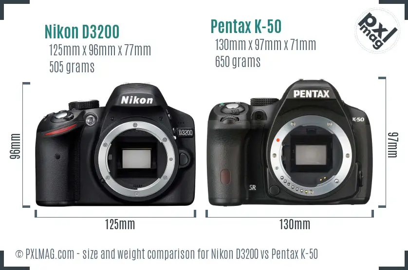 Nikon D3200 vs Pentax K-50 size comparison