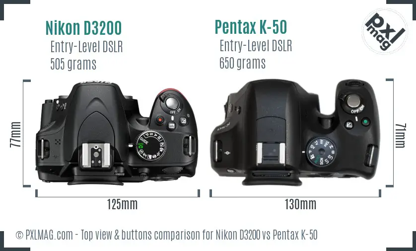 Nikon D3200 vs Pentax K-50 top view buttons comparison