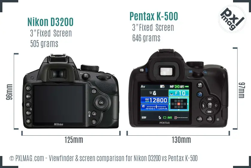 Nikon D3200 vs Pentax K-500 Screen and Viewfinder comparison