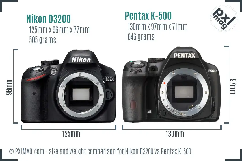 Nikon D3200 vs Pentax K-500 size comparison