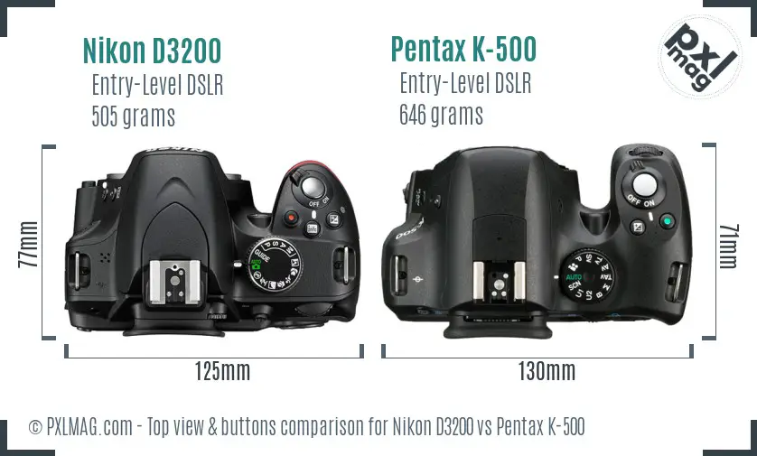 Nikon D3200 vs Pentax K-500 top view buttons comparison