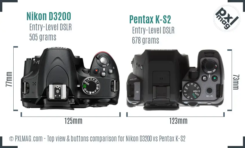 Nikon D3200 vs Pentax K-S2 top view buttons comparison