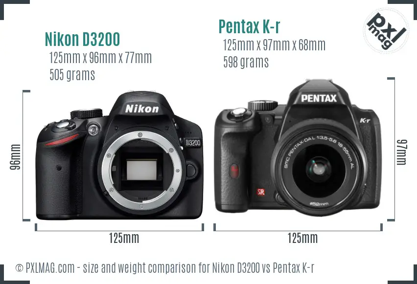 Nikon D3200 vs Pentax K-r size comparison