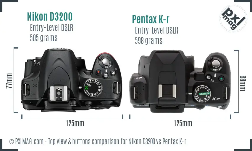 Nikon D3200 vs Pentax K-r top view buttons comparison