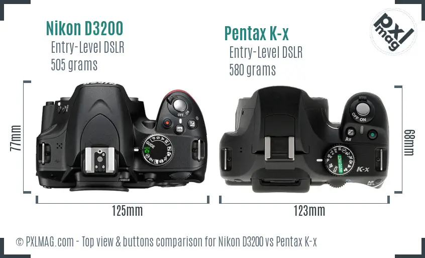 Nikon D3200 vs Pentax K-x top view buttons comparison