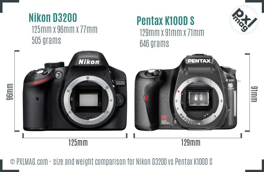 Nikon D3200 vs Pentax K100D S size comparison
