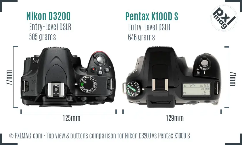 Nikon D3200 vs Pentax K100D S top view buttons comparison