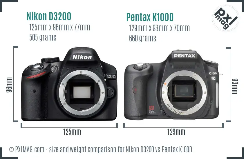 Nikon D3200 vs Pentax K100D size comparison