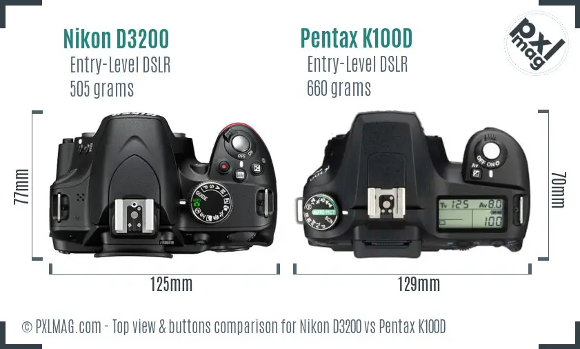 Nikon D3200 vs Pentax K100D top view buttons comparison